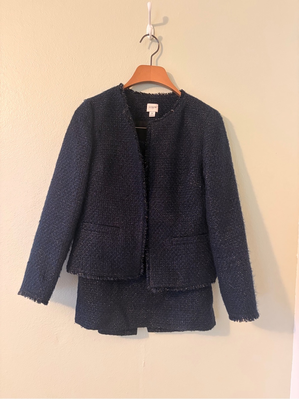 J. Crew Navy Bouclé Collarless Skirt Suit Set